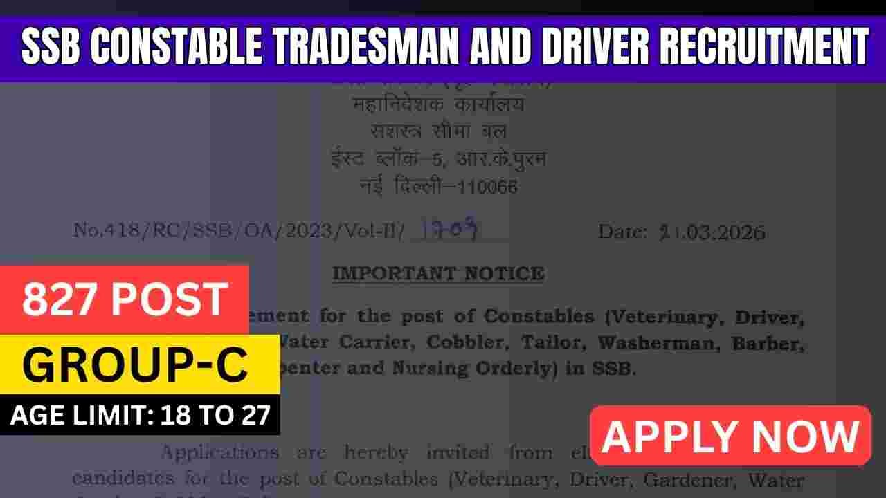 SSB Constable Tradesman and Driver Recruitment 2026