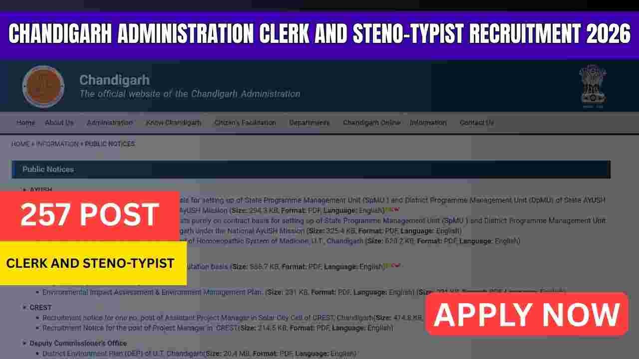 Chandigarh Administration Clerk and Steno-Typist Recruitment 2026