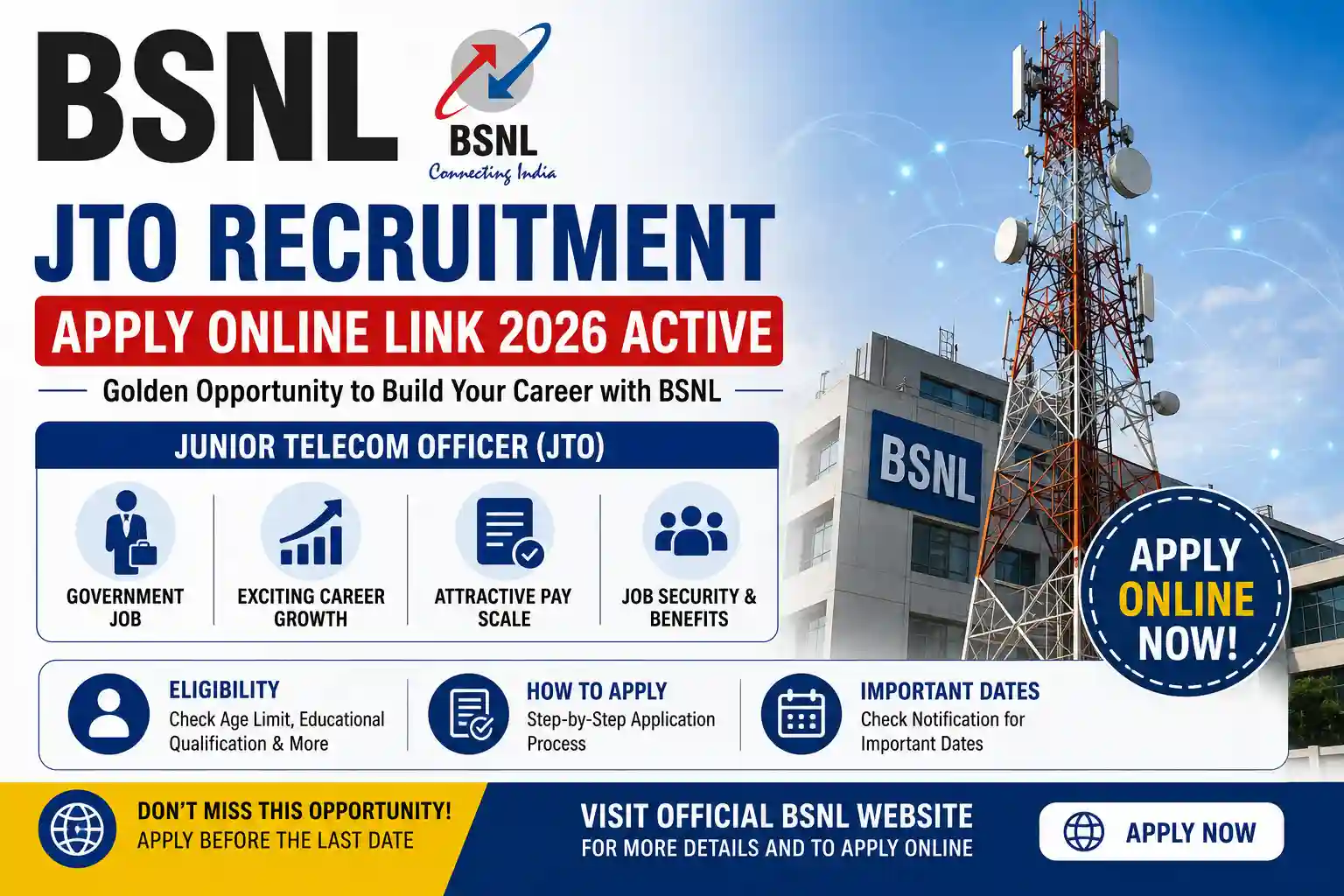 BSNL JTO Recruitment Apply Online Link 2026 Active, Check Junior Telecom Officer Eligibility, How to Apply