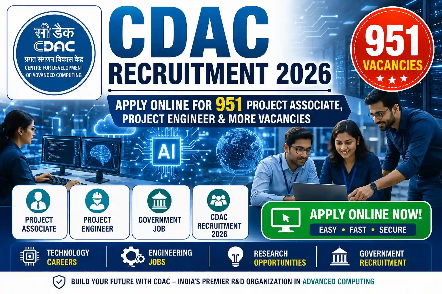 CDAC Recruitment 2026- Apply Online for 951 Project Associate, Project Engineer & More Vacancies