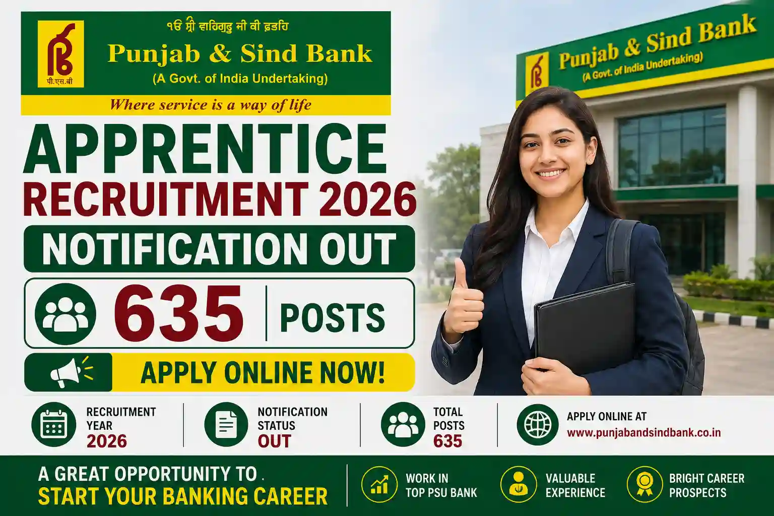 Punjab & Sind Bank Apprentice Recruitment 2026 Notification Out for 635 Posts